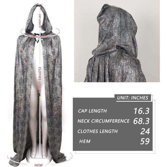 Silver Witch Velvet Hooded Cloak Halloween Cape Queen King Renaissance Medieval - Picture 7 of 7